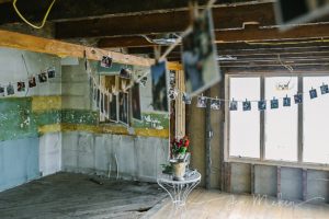 photos hanging and rose and champagne for a surprise proposal