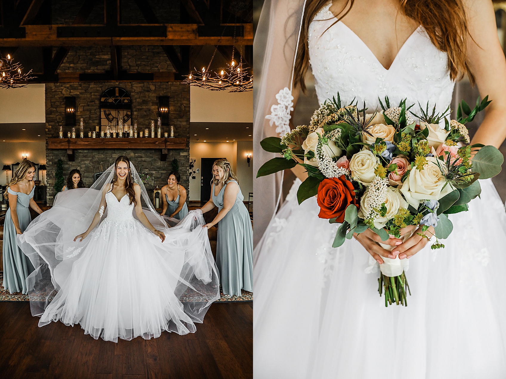 Bridesmaids helping bride into her wedding dress.