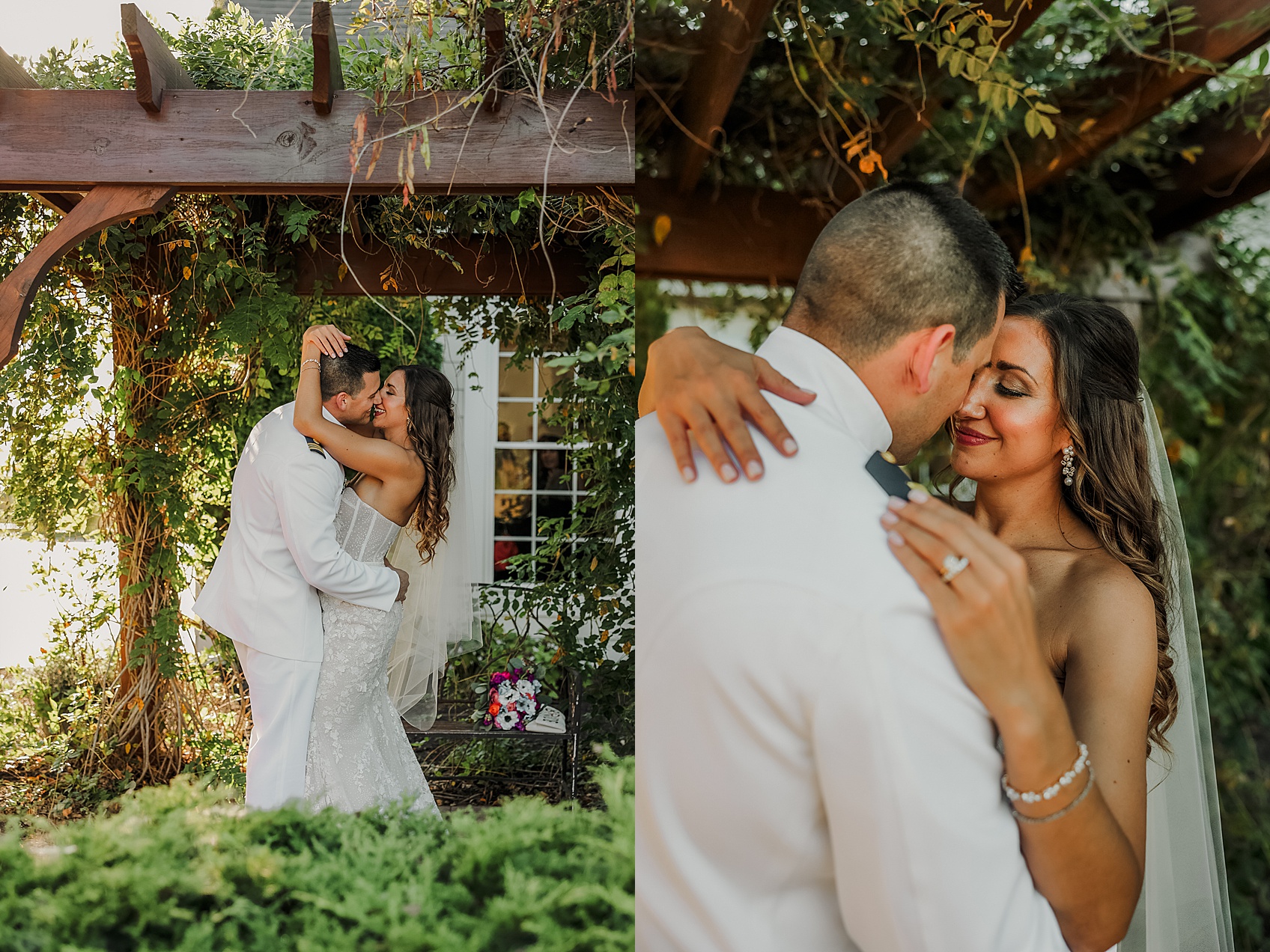 bride and groom portraits under a trellis